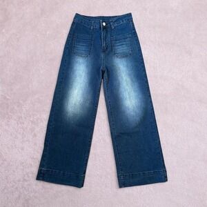 High-waisted wide-leg blue denim‎ jeans